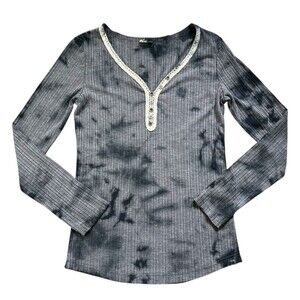 Anthropologie POL Ribbed Tie Dye Long Sleeve Henley Top Stretch Button Lace MED